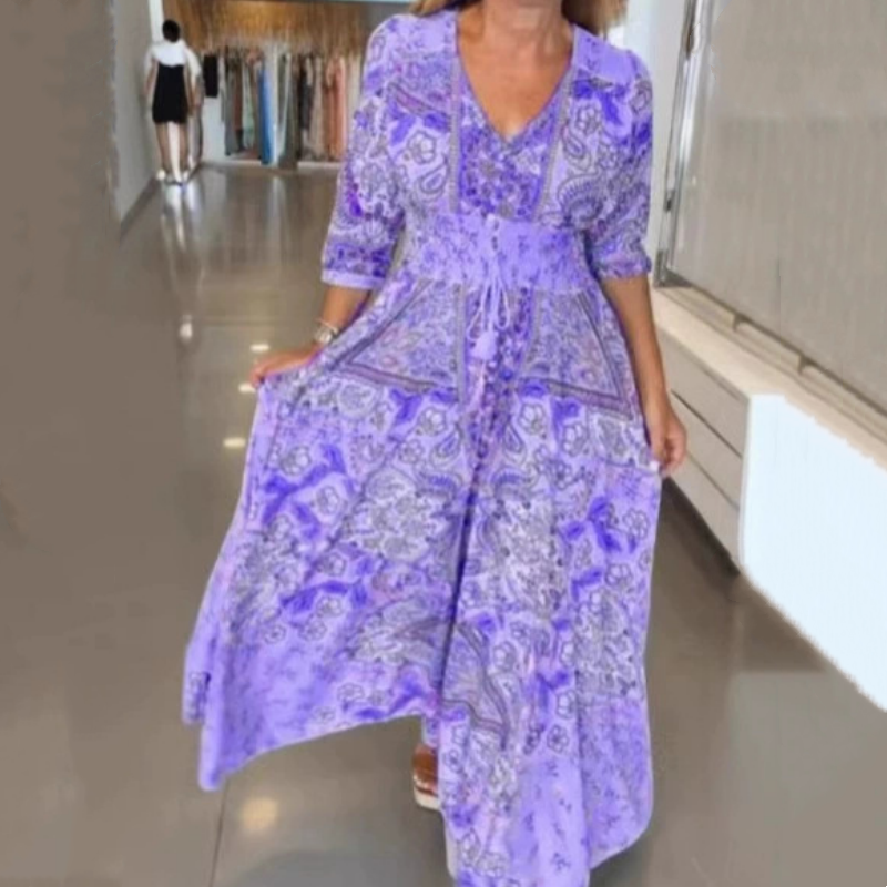 Elegante maxi-jurk met bloemenprint en trekkoord voor dames