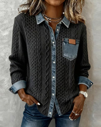 Langmouwige Blouse Met Denim-Patchwork