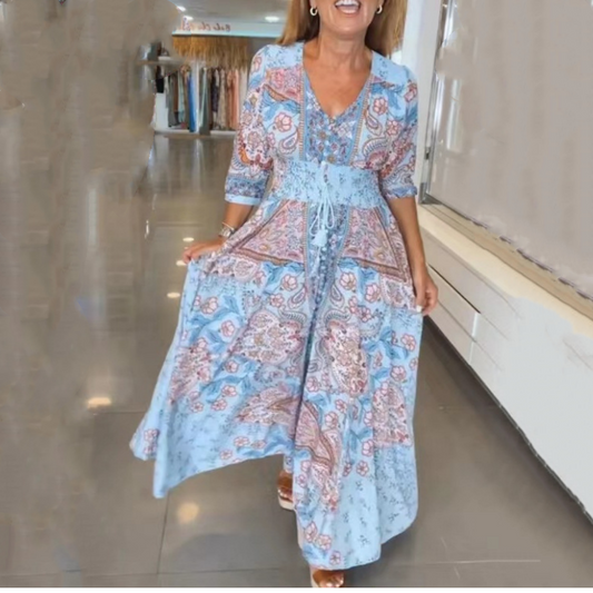 Elegante maxi-jurk met bloemenprint en trekkoord voor dames