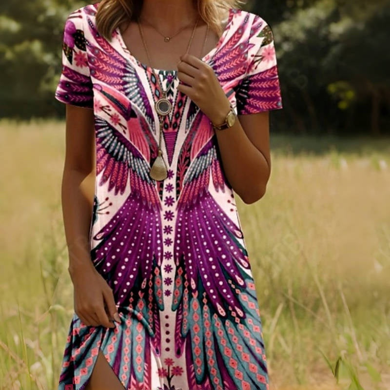 Damesjurk met korte mouwen en pauw- en bloemenpatroon