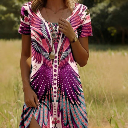 Damesjurk met korte mouwen en pauw- en bloemenpatroon